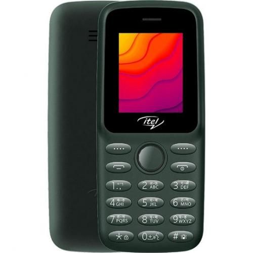 itel 2163 feature phone shown with its display on, displaying a colorful screen saver, in a dark color with a numeric keypad visible.